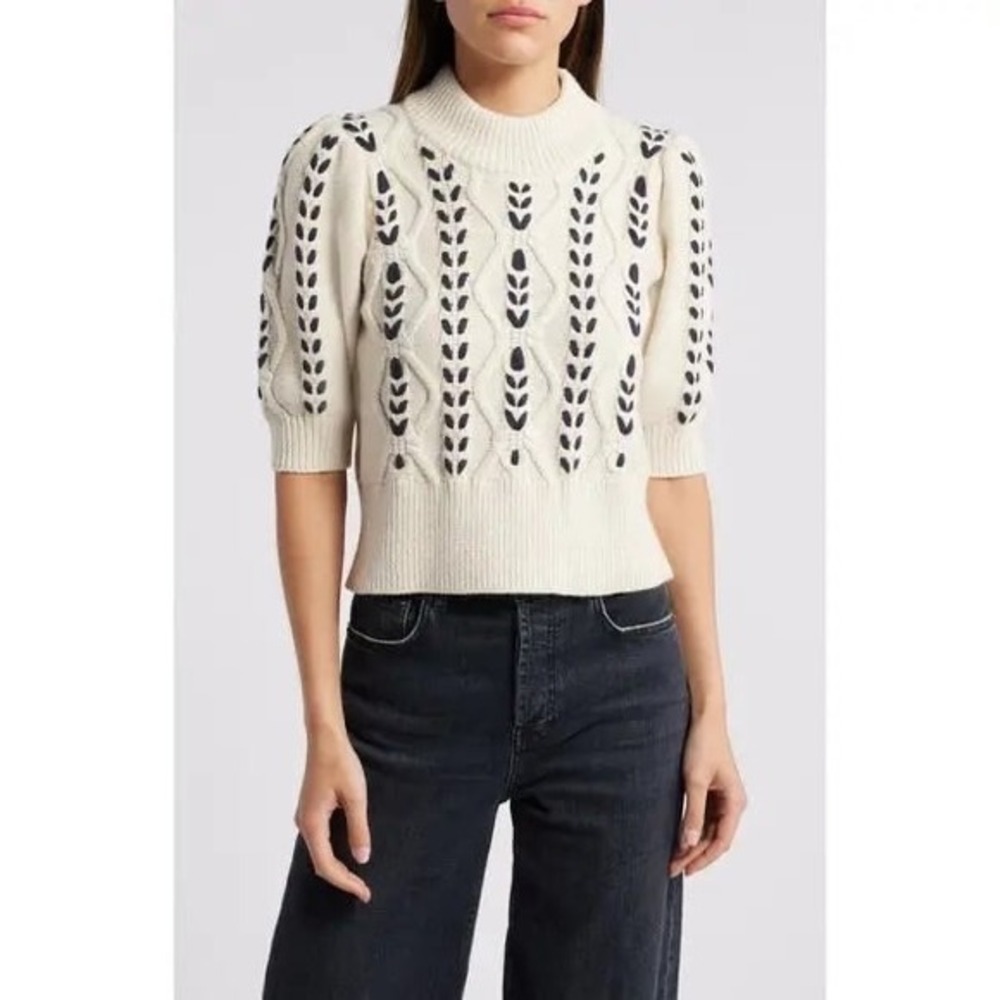 Commense Cable Knit Puff Sleeve Sweater Top White Black‎ Stitching Size S